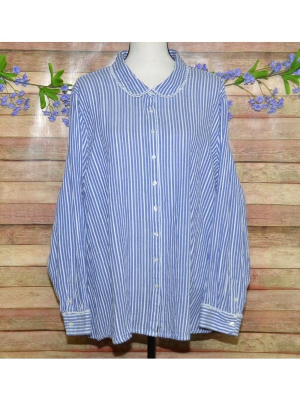 Retro Modcloth Blue Striped Lace Trim Long Sleeve Top Peter Pan Collar Size 4X